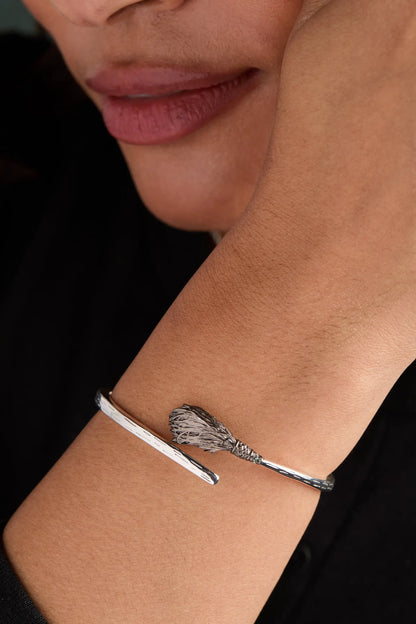 Wizard of Oz Wicked Witch Broom Bypass Cuff bracelet by ALEX AND ANI in silver with broom motif on Tampa Home & Garden Store