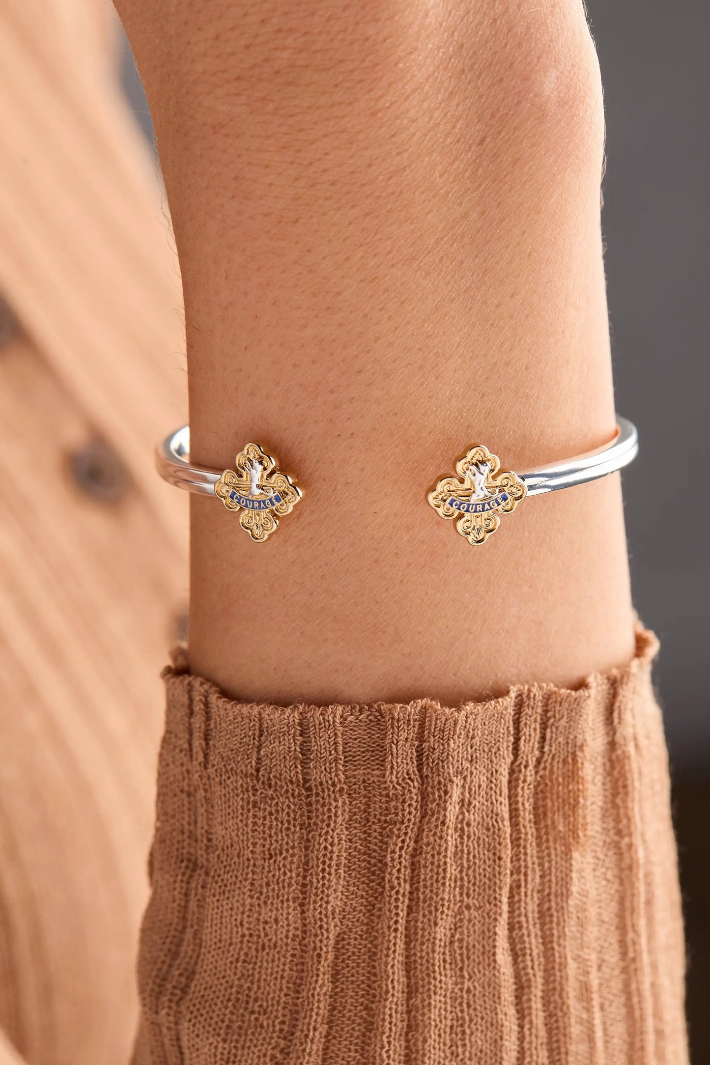 2 Cowardly Lion cuffs by ALEX AND ANI, silver bands with gold-tone charms and COURAGE enamel on Tampa Home & Garden Store