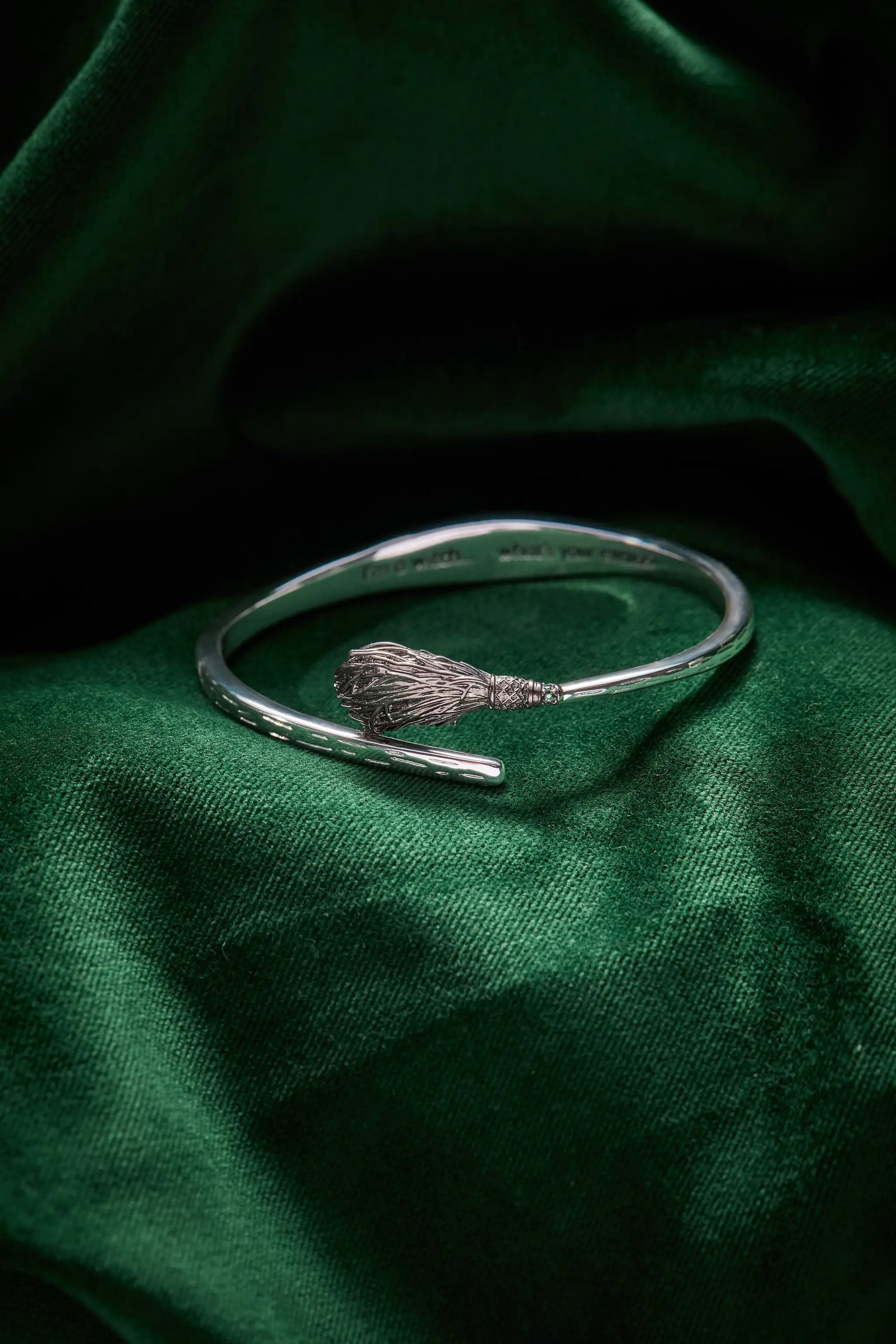 Wicked Witch Broom Bypass Cuff bracelet by ALEX AND ANI, silver-tone with broom motif on Tampa Home & Garden Store