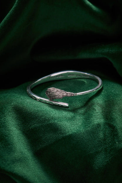 Wicked Witch Broom Bypass Cuff bracelet by ALEX AND ANI, silver-tone with broom motif on Tampa Home & Garden Store