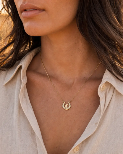 Horse Girl At Heart horseshoe necklace gold-tone pendant with horse silhouette on delicate chain by Alex and Ani on Tampa Home & Garden Store