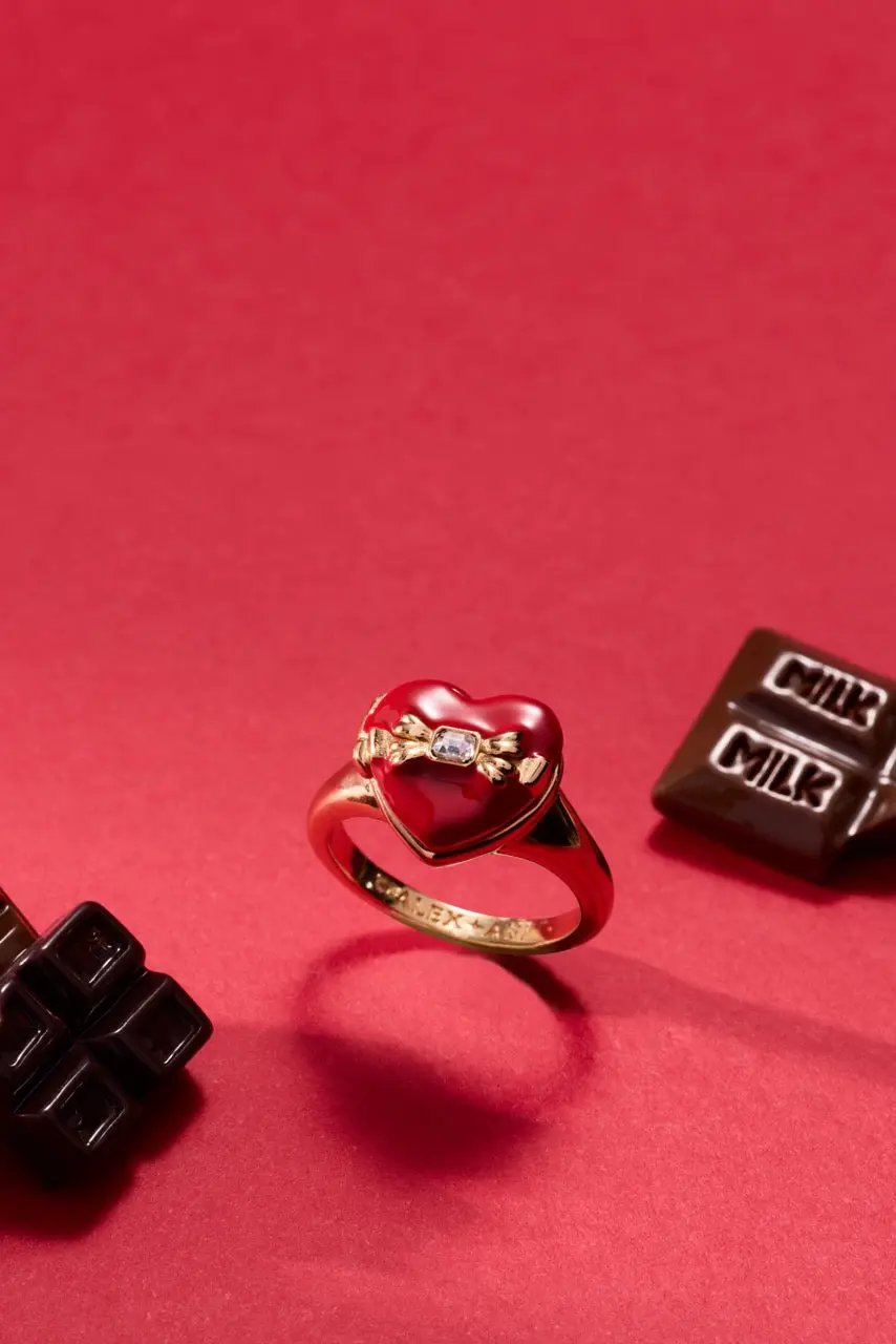 Box of Chocolate Locket Ring red enamel heart with gold bow and crystal by Alex and Ani on Tampa Home & Garden Store