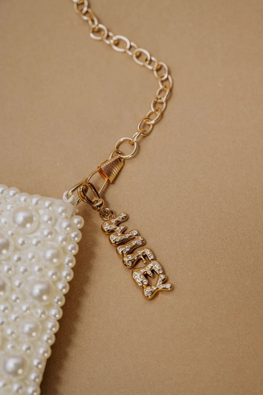 Wifey Bubble Crystal Clip Charm by ALEX AND ANI on gold-tone chain with pearl bead tassel on Tampa Home & Garden Store
