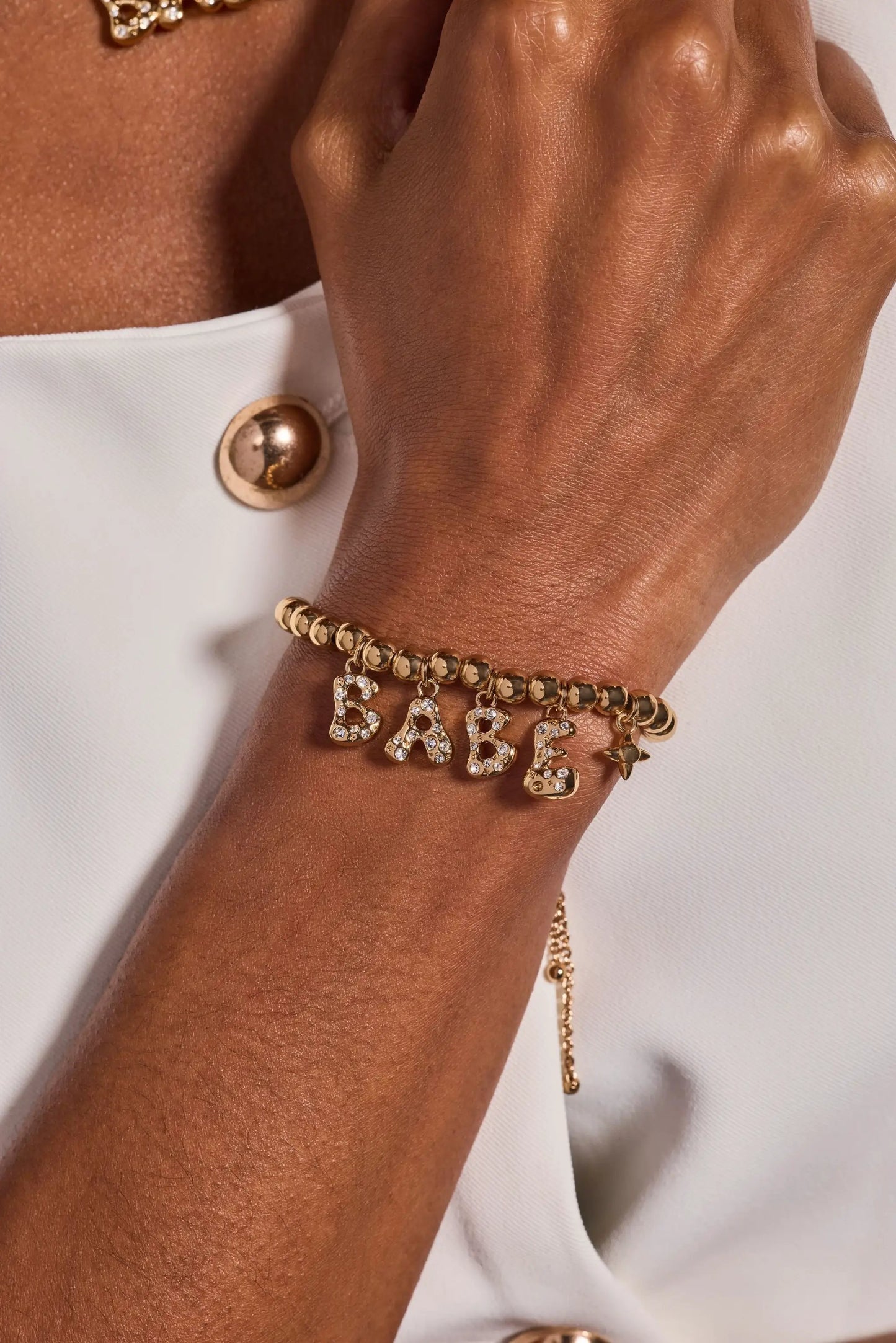 Babe Bubble Beaded Bolo Bracelet with crystal BABE charm on a gold-tone chain on Tampa Home & Garden Store