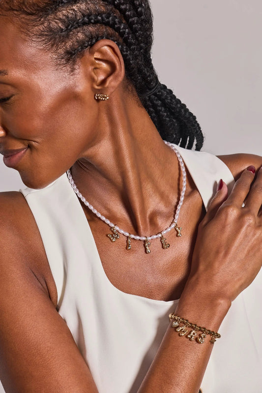 Mrs Beaded Bubble Bolo Bracelet with white pearls and gold MRS charms by ALEX AND ANI on Tampa Home and Garden Store