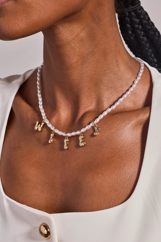 Wifey bubble and beaded pearl necklace by Alex and Ani, white pearls with gold letter charms on Tampa Home & Garden Store