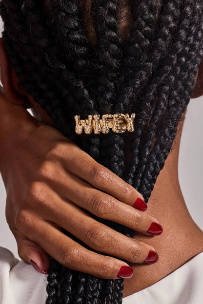 Wifey bubble hair barrette in gold with rhinestones securing thick black braids on Tampa Home & Garden Store
