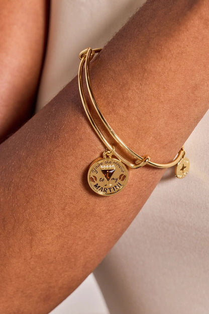 Gold tone Alex and Ani charm bangle with pendant engraved You're the espresso to my martini on Tampa Home & Garden Store