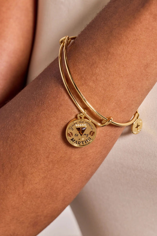 Gold tone Alex and Ani charm bangle with pendant engraved You're the espresso to my martini on Tampa Home & Garden Store