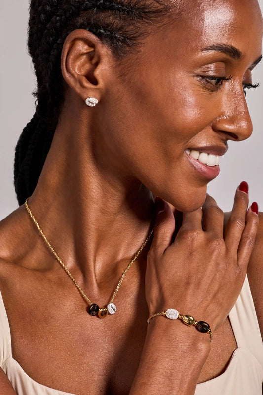 Alex and Ani Coffee Bean Happiness Wealth Health engraved pendant necklace with brown and gold beads on Tampa Home & Garden Store