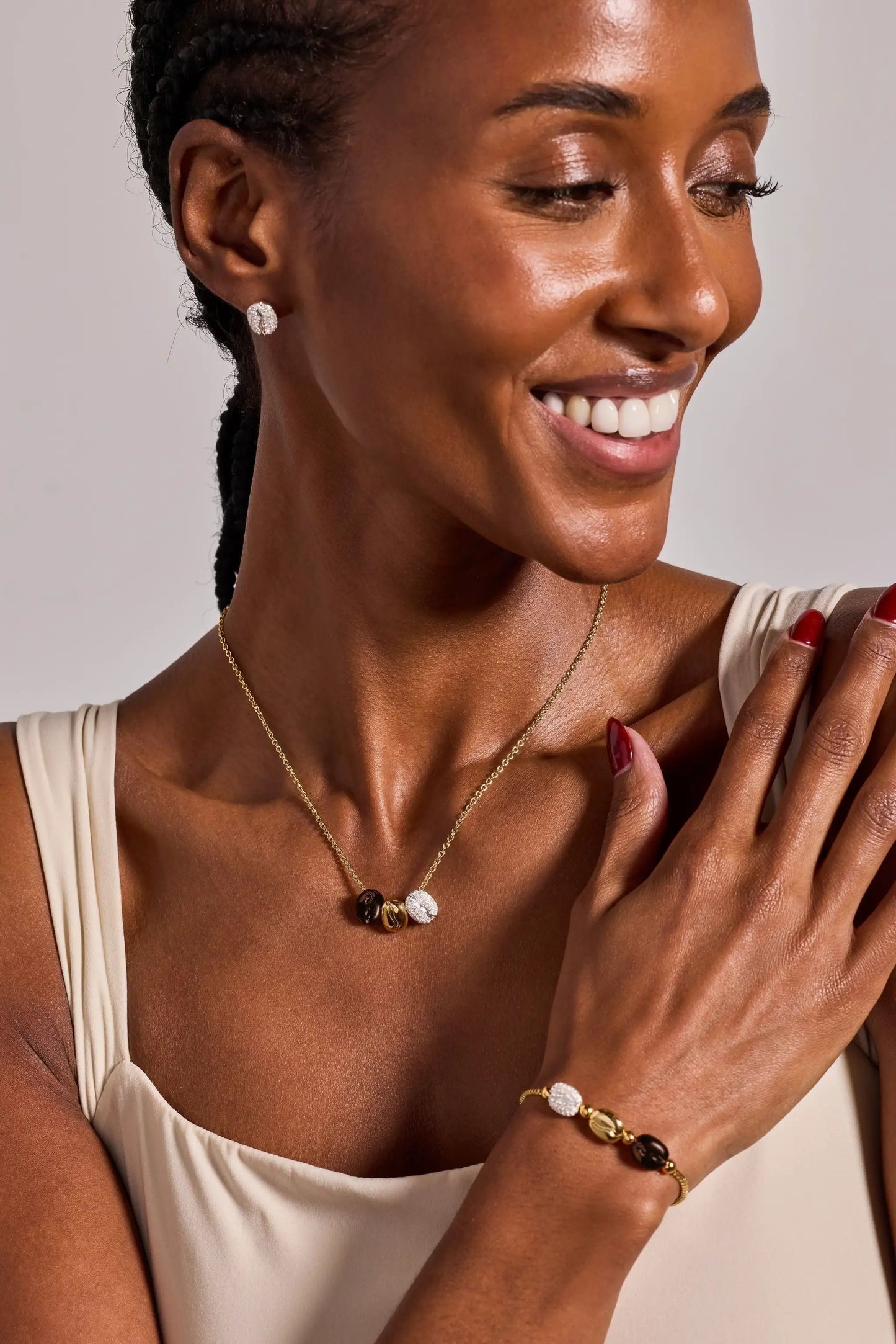 Coffee bean engraved pendant necklace by Alex and Ani with bead charms on gold-tone chain on Tampa Home & Garden Store