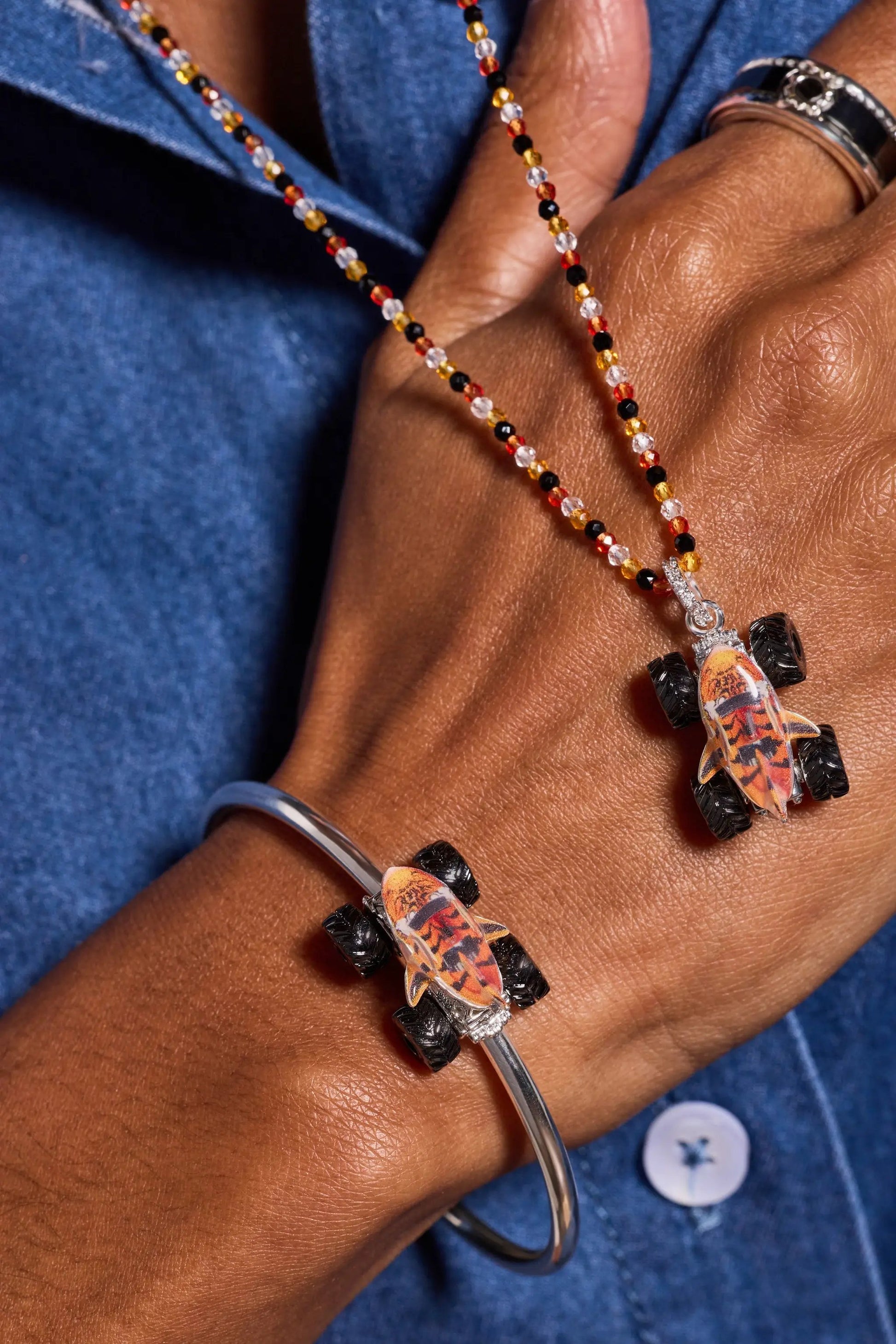 Moveable cuff bracelet Hot Wheels Tiger Shark Monster Truck with multicolor beads on silver cuff on Tampa Home & Garden Store
