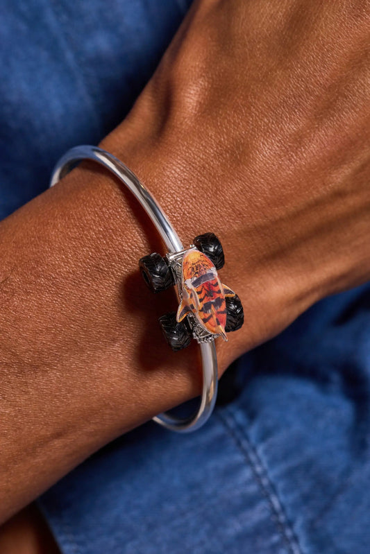 Alex and Ani tiger shark monster truck cuff bracelet with orange tiger charm on silver bangle on Tampa Home & Garden Store