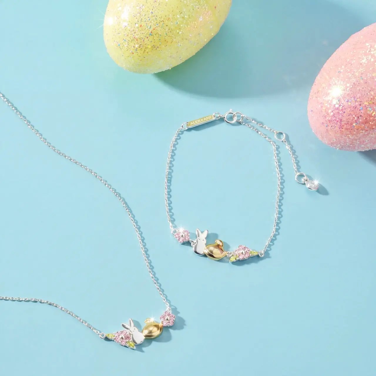 Bracelets PEEPS Precious Peepsake by ALEX AND ANI with bunny and egg charms on silver chain on Tampa Home & Garden Store