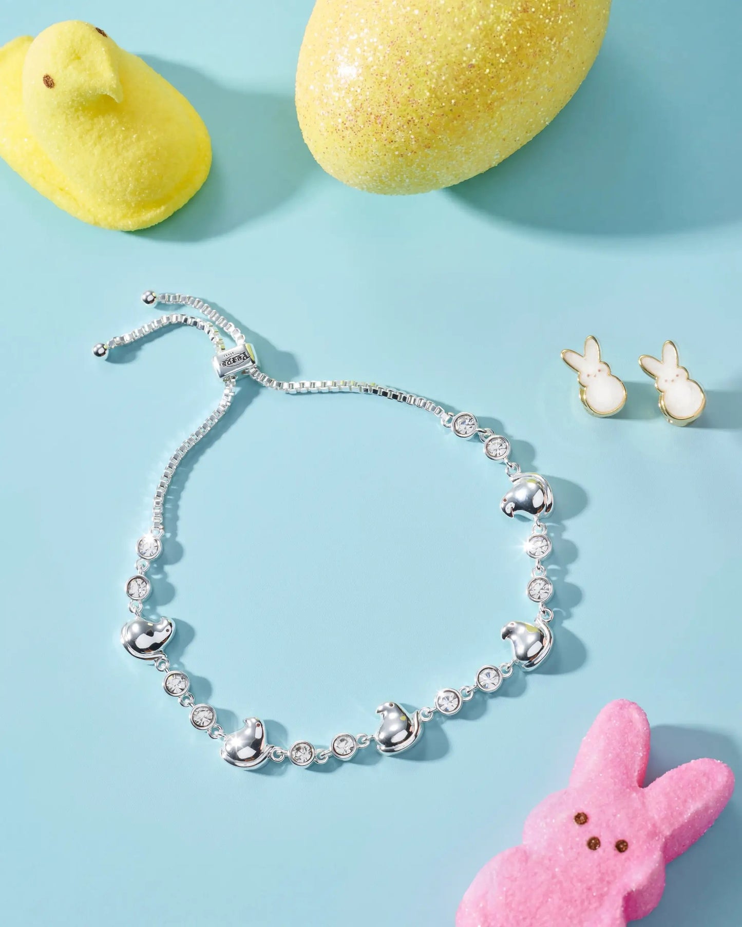 Peeps Chick Bolo Bracelet by ALEX AND ANI, silver bolo chain with crystal beads and chick charms on Tampa Home & Garden Store