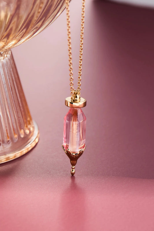You Are Loved potion bottle slider necklace with pink crystal pendant on a gold chain on Tampa Home & Garden Store