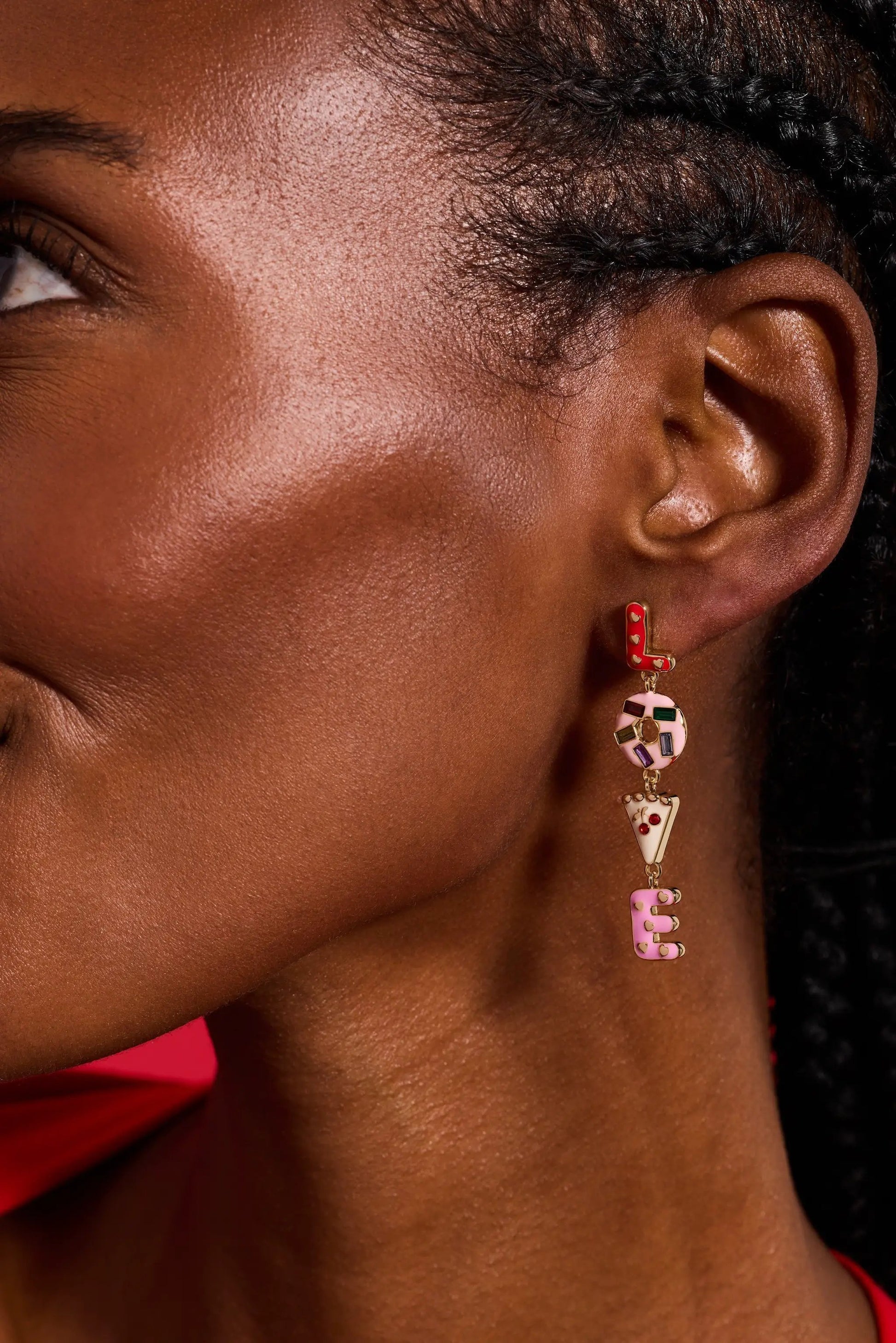 Earrings Sweet Shop Love linear drop by ALEX AND ANI; red L charm, bead, pink E charm on Tampa Home & Garden Store