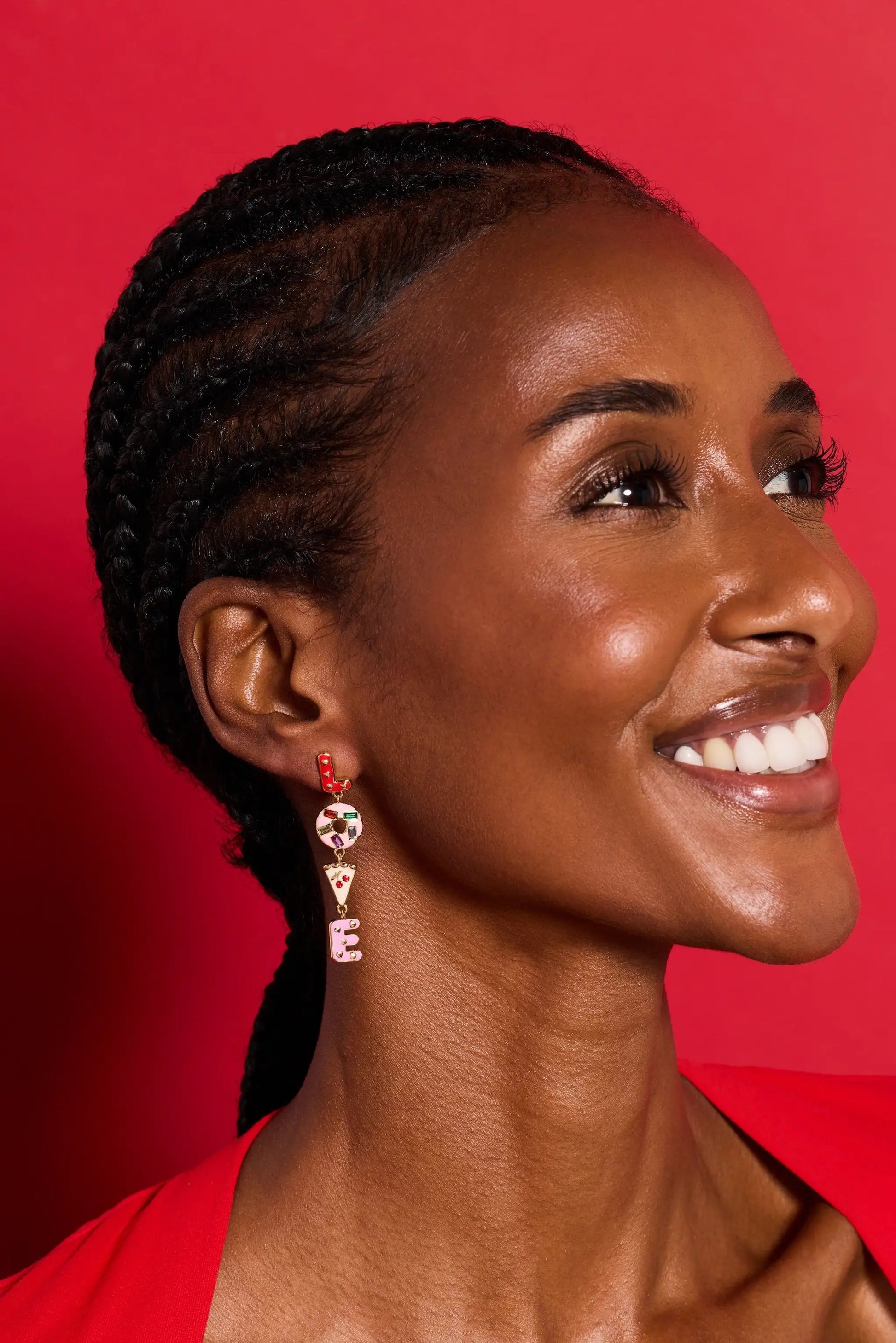Sweet Shop Love linear drop earrings by ALEX AND ANI, gold-tone with red L and LOVE charms on Tampa Home & Garden Store