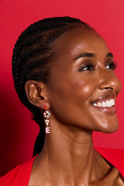 Sweet Shop Love linear drop earrings by ALEX AND ANI, gold-tone with red L and LOVE charms on Tampa Home & Garden Store