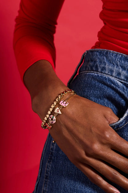 Sweet Shop Love adjustable bolo bracelet by ALEX AND ANI, gold-tone chain with enamel charms on wrist on Tampa Home & Garden Store