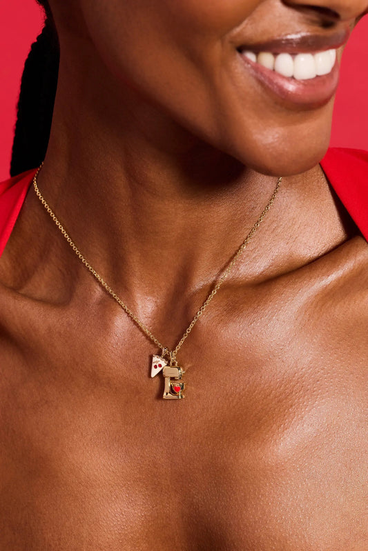 Sweet Shop Pie and Kitchen Mixer charm necklace with two charms on a gold-tone chain on Tampa Home & Garden Store