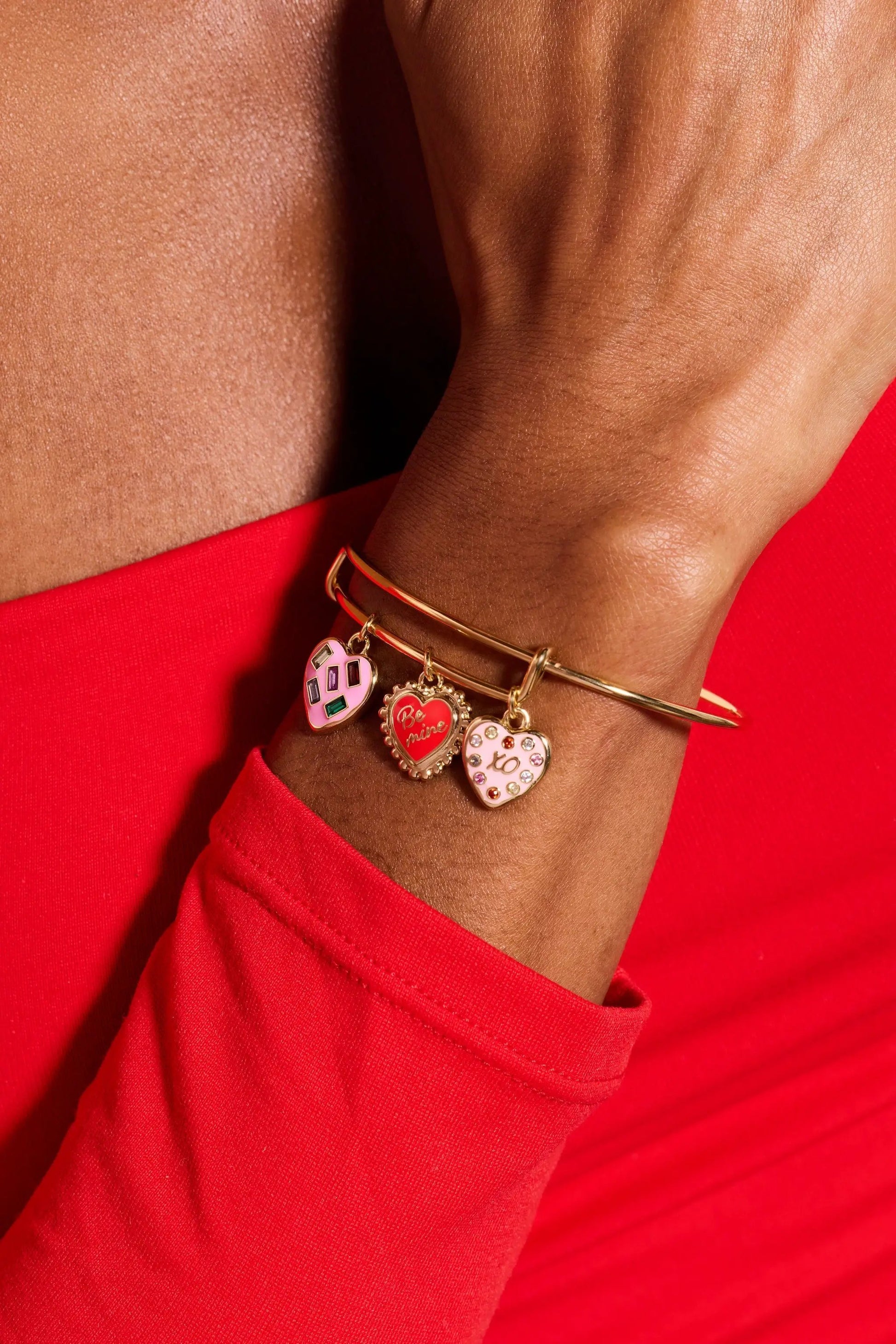 Sweet Shop Be Mine Heart Multi Charm Bangle bracelet gold tone heart charms on wrist on Tampa Home & Garden Store