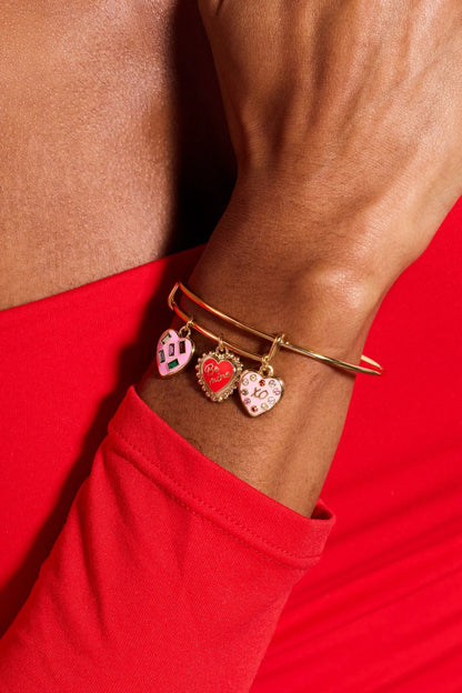 Sweet Shop Be Mine Heart Multi Charm Bangle bracelet gold tone heart charms on wrist on Tampa Home & Garden Store