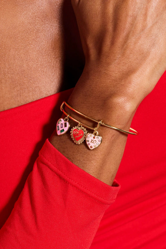Sweet Shop Be Mine Heart Multi Charm Bangle bracelet gold tone heart charms on wrist on Tampa Home & Garden Store