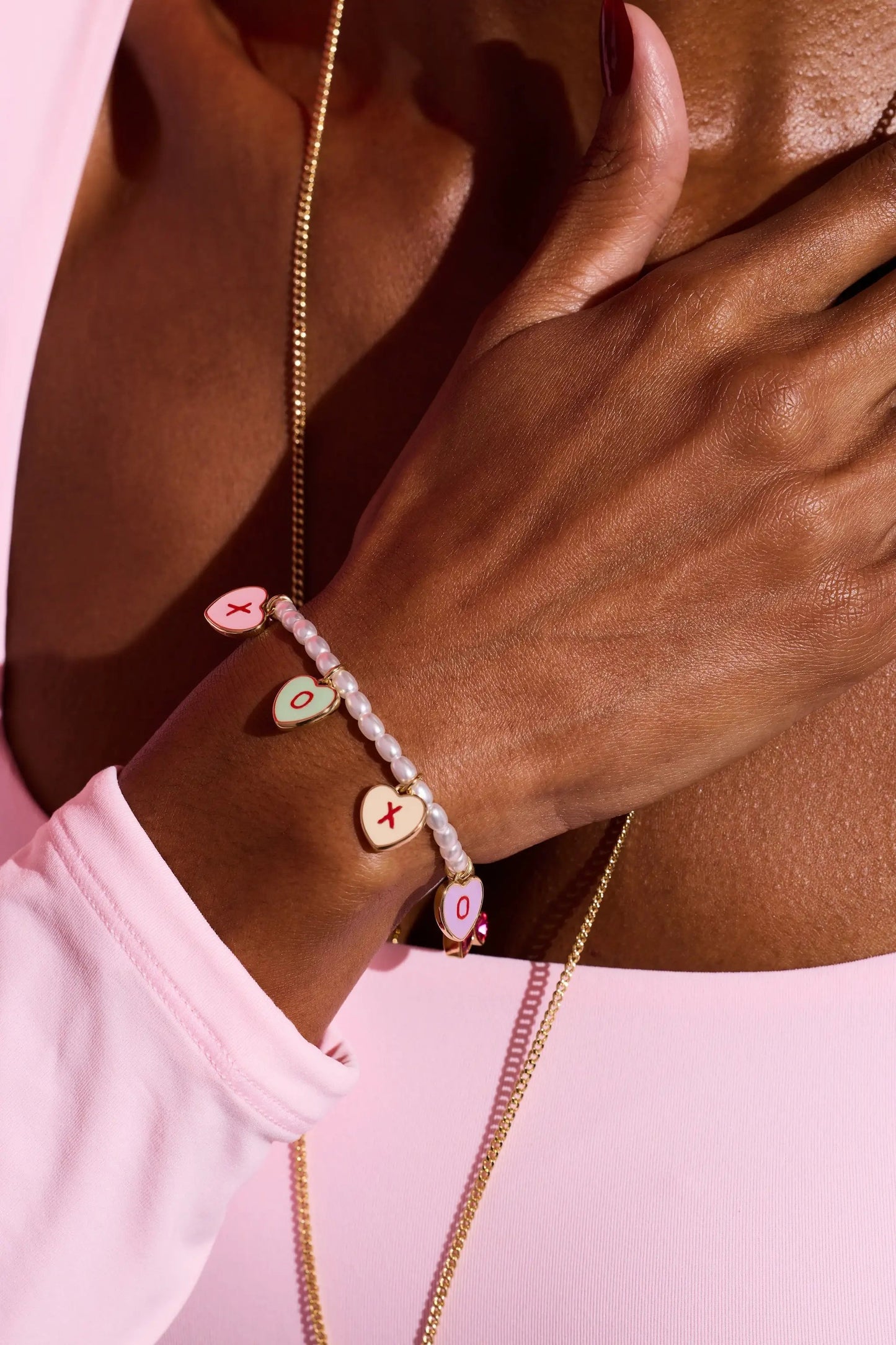 Sweethearts XOXO Heart Charm Beaded Pearl Bracelet by ALEX AND ANI with pink heart charms on Tampa Home & Garden Store