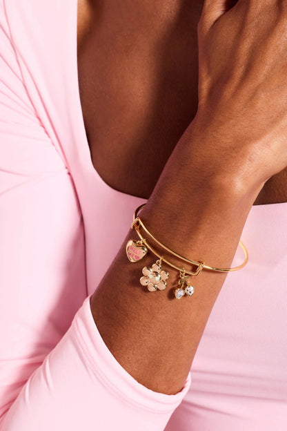 Sweethearts Melt My Heart multi charm bangle bracelet with gold-tone band and heart charms on Tampa Home & Garden Store