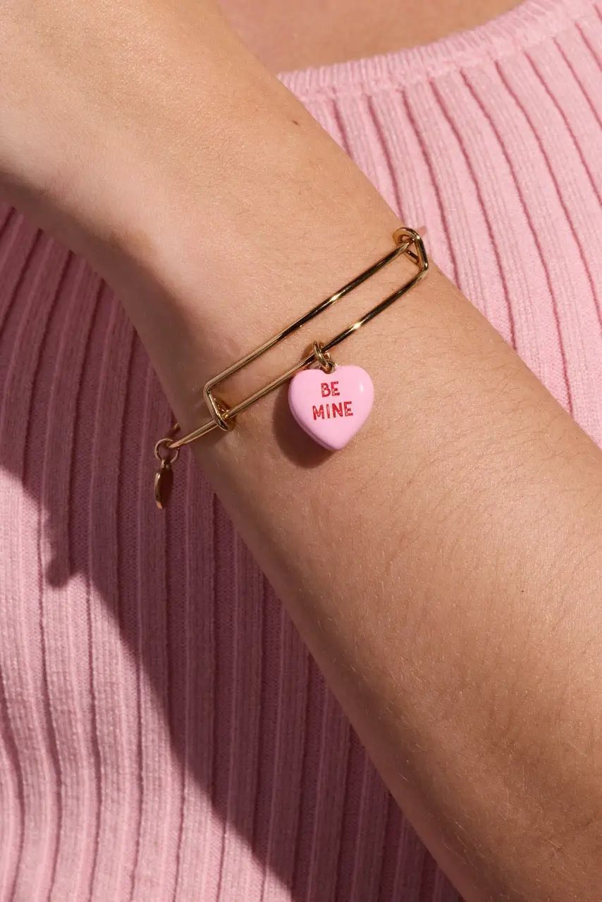 Sweethearts Be Mine charm bangle, gold-tone bracelet with pink heart charm on Tampa Home & Garden Store