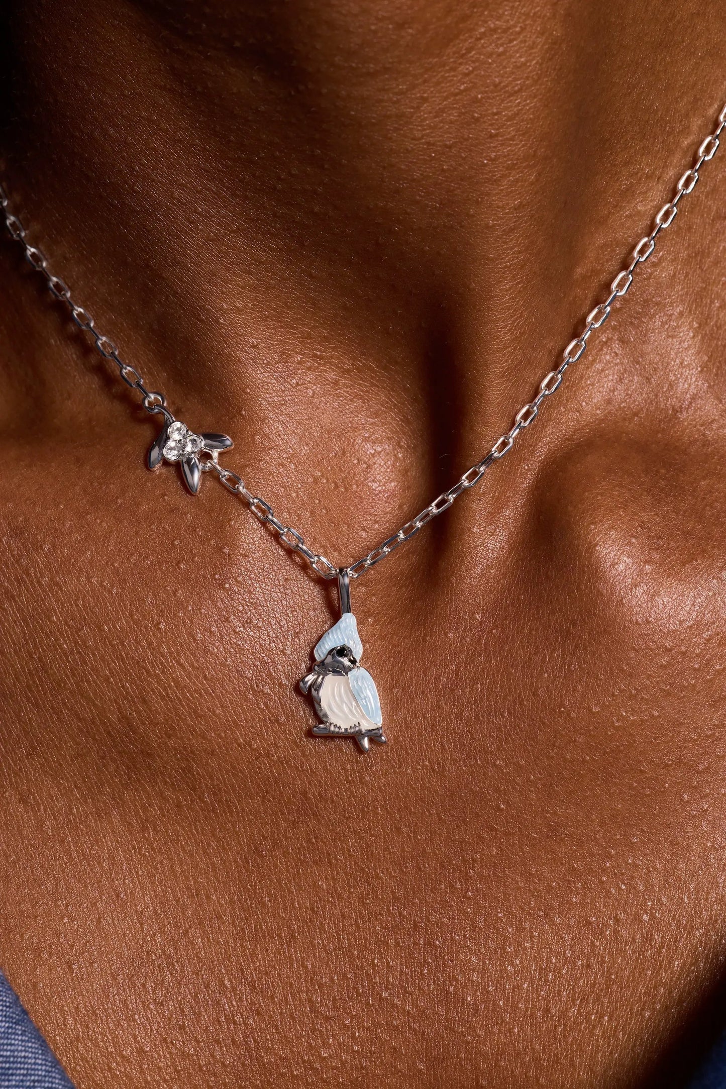 Tufted Titmouse Bird Pendant Necklace silver chain with blue enamel bird and crystal flower on Tampa Home & Garden Store