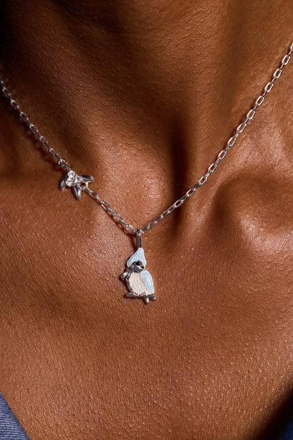 Tufted Titmouse Bird Pendant Necklace silver chain with blue enamel bird and crystal flower on Tampa Home & Garden Store