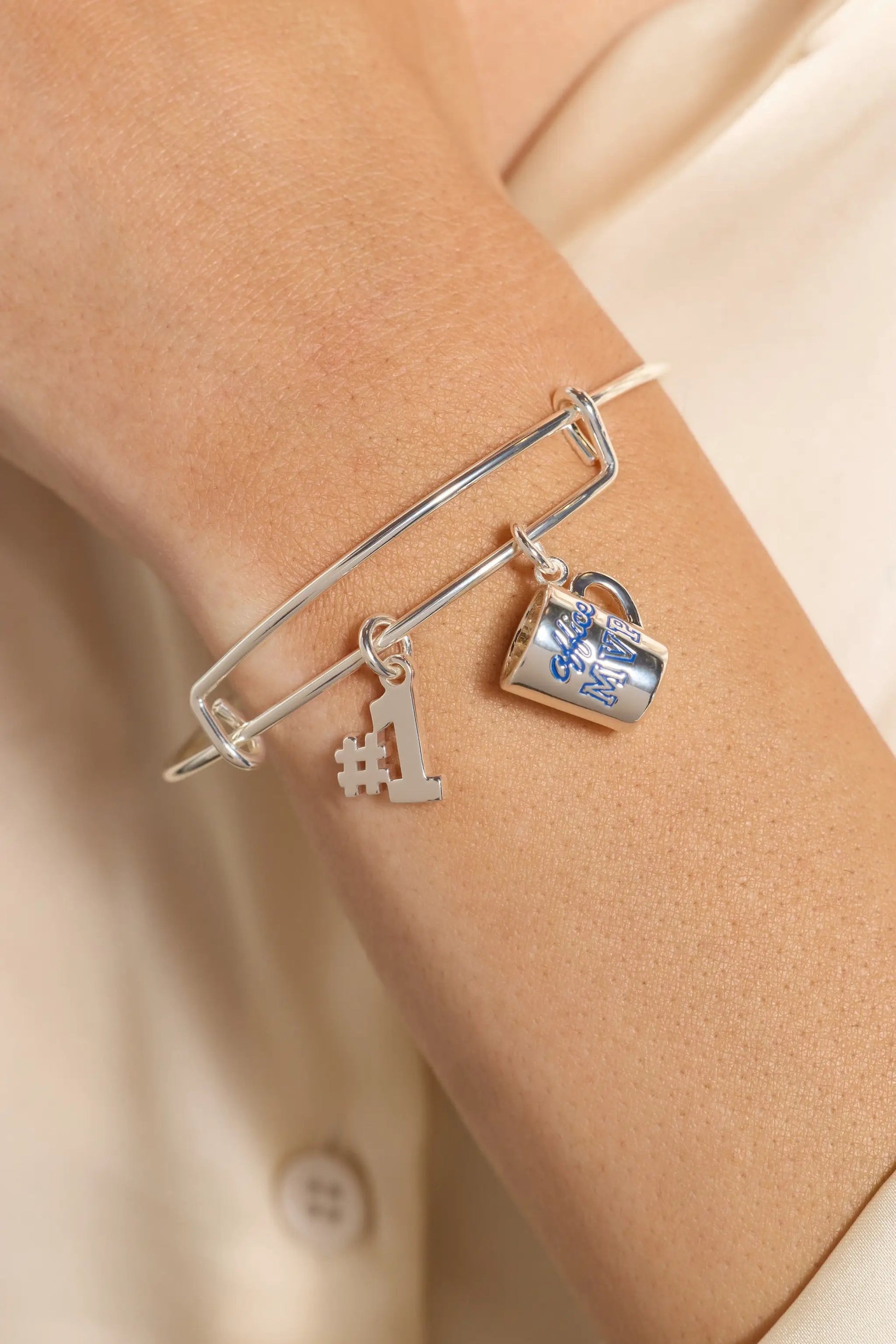 Alex and Ani Office MVP Mug Bangle bracelet with mug and hashtag charms on wrist on Tampa Home & Garden Store