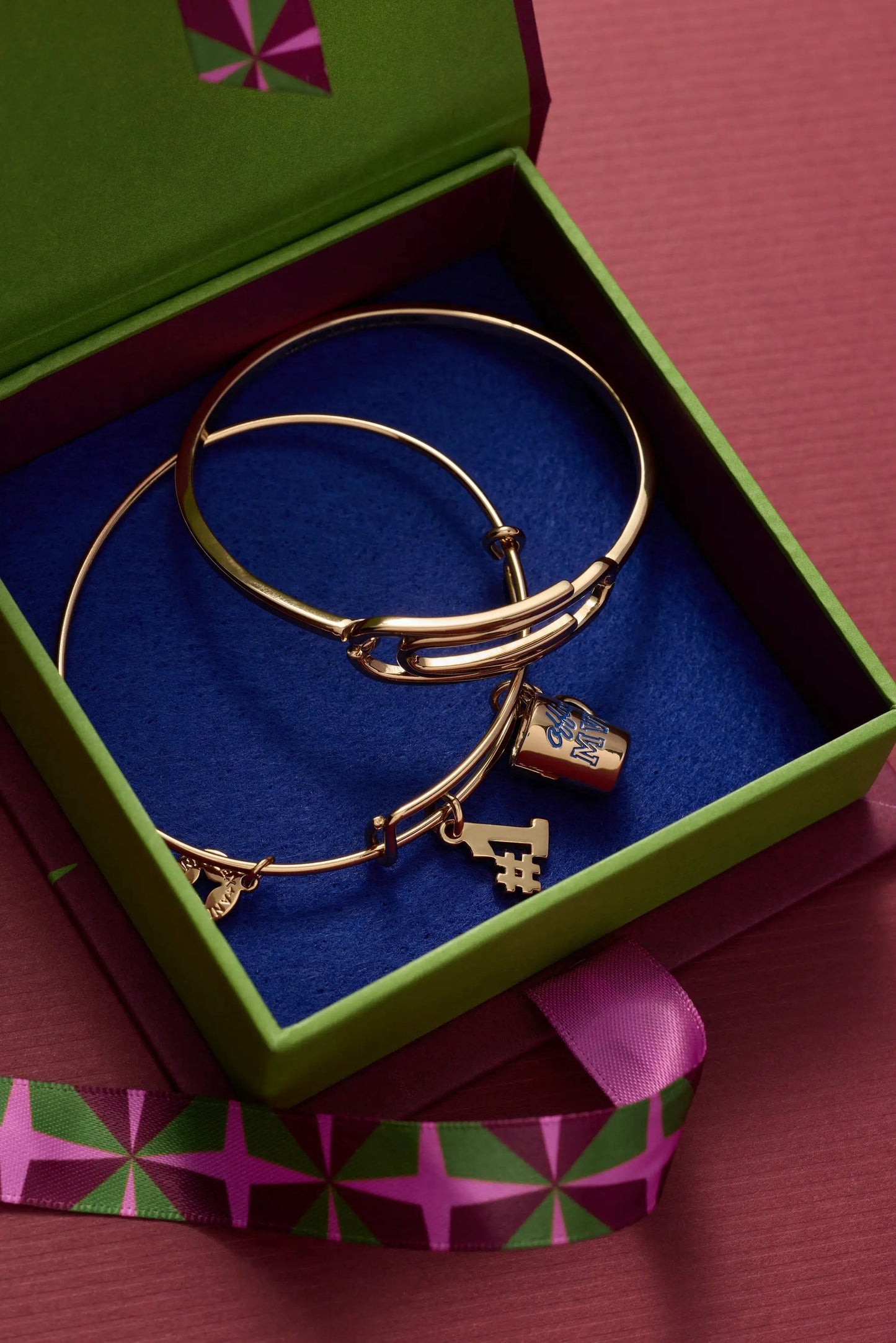 Alex and Ani Office MVP Mug Bangle bracelets in gold tone with mug charm in green box on Tampa Home & Garden Store