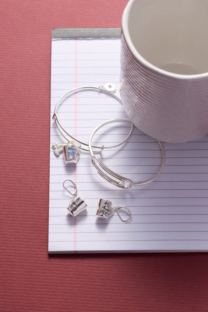 Office MVP Mug Bangle bracelet by Alex and Ani, silver-tone hoops with a blue-text mug charm on Tampa Home & Garden Store