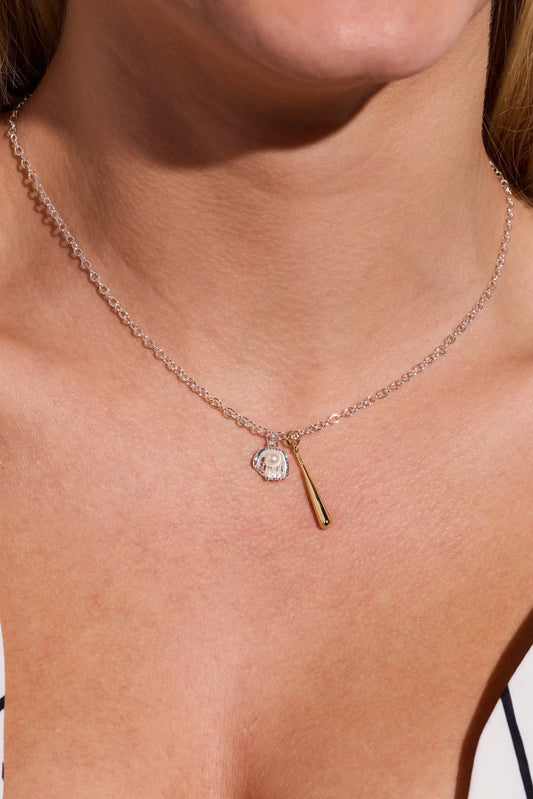 Alex and Ani Ballgame Duo Charm Necklace with silver chain and shell pearl charm on Tampa Home & Garden Store