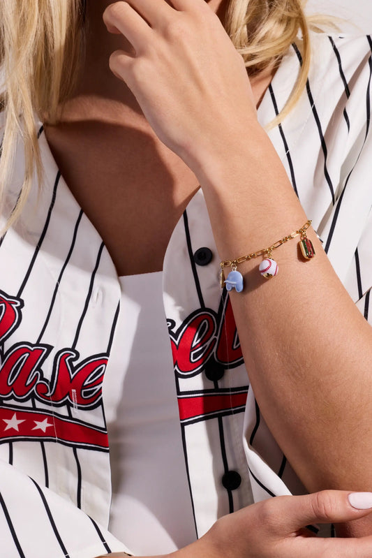 Take Me Out to the Ballgame bracelet by Alex and Ani, gold-tone with baseball charm and 3 charms on Tampa Home & Garden Store