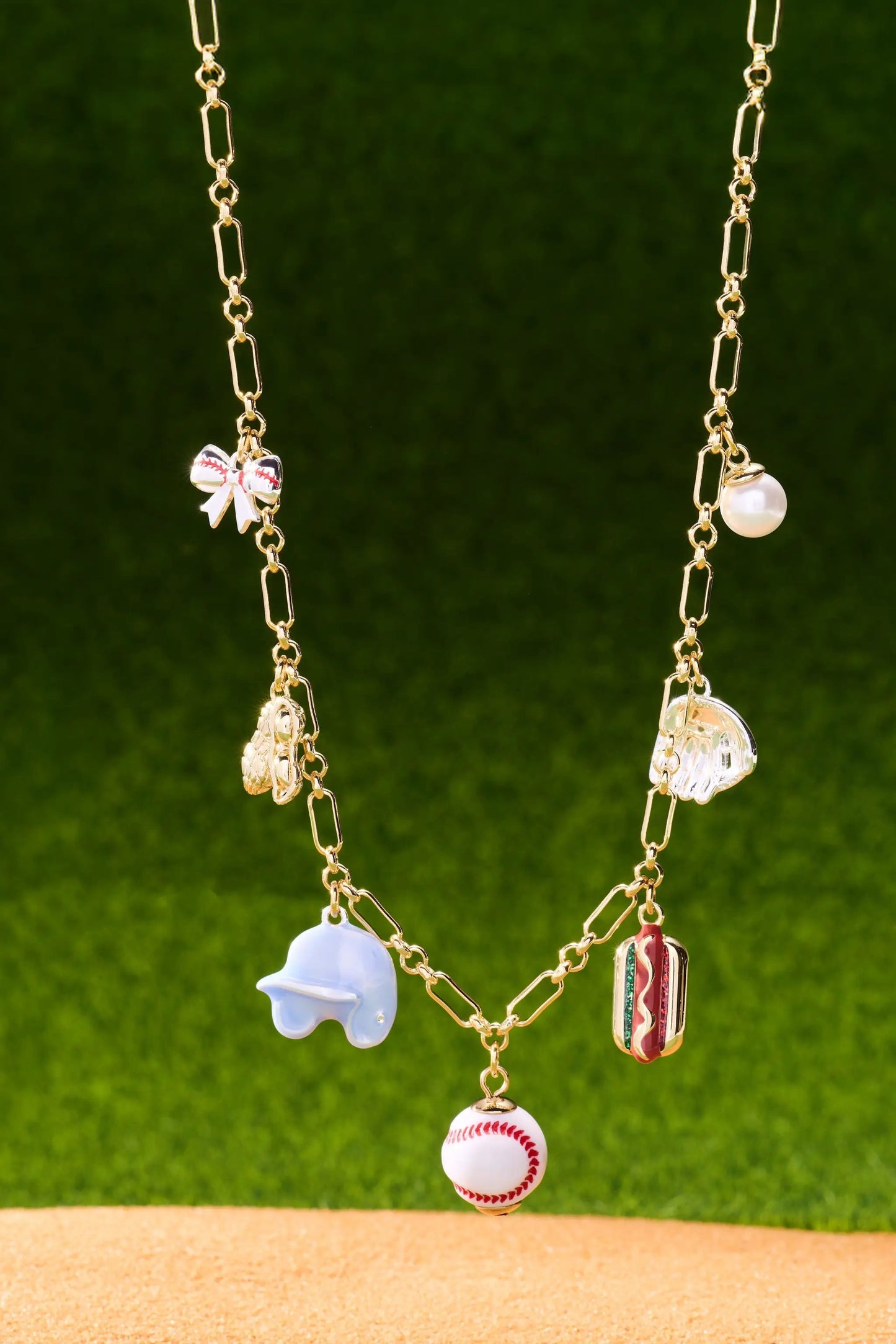 Take Me Out to the Ballgame charm necklace by ALEX AND ANI, goldtone with baseball & bow charms on Tampa Home & Garden Store