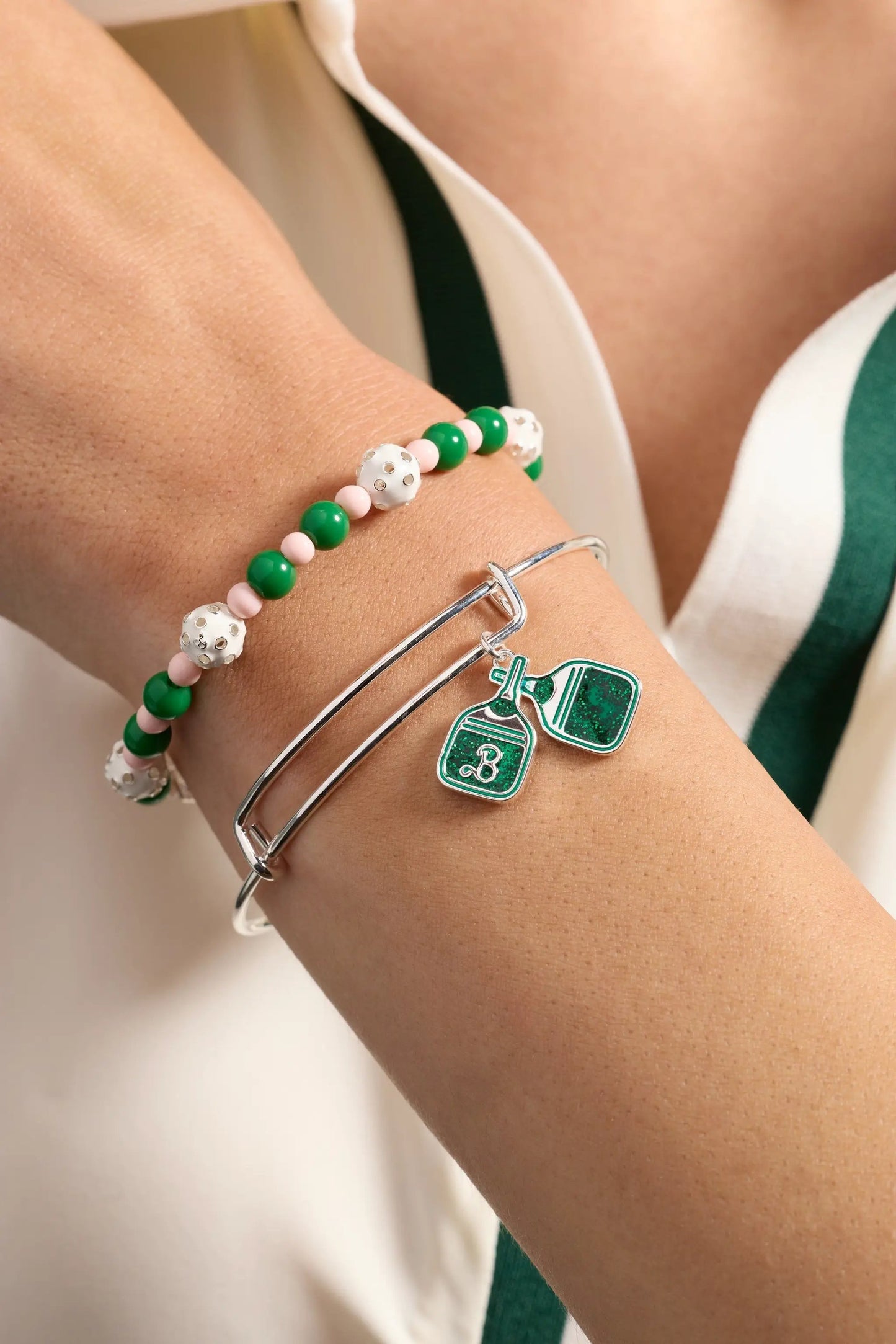 Barbie Pickleball Charm Bangle with green pink beads and silver bangles on Tampa Home & Garden Store