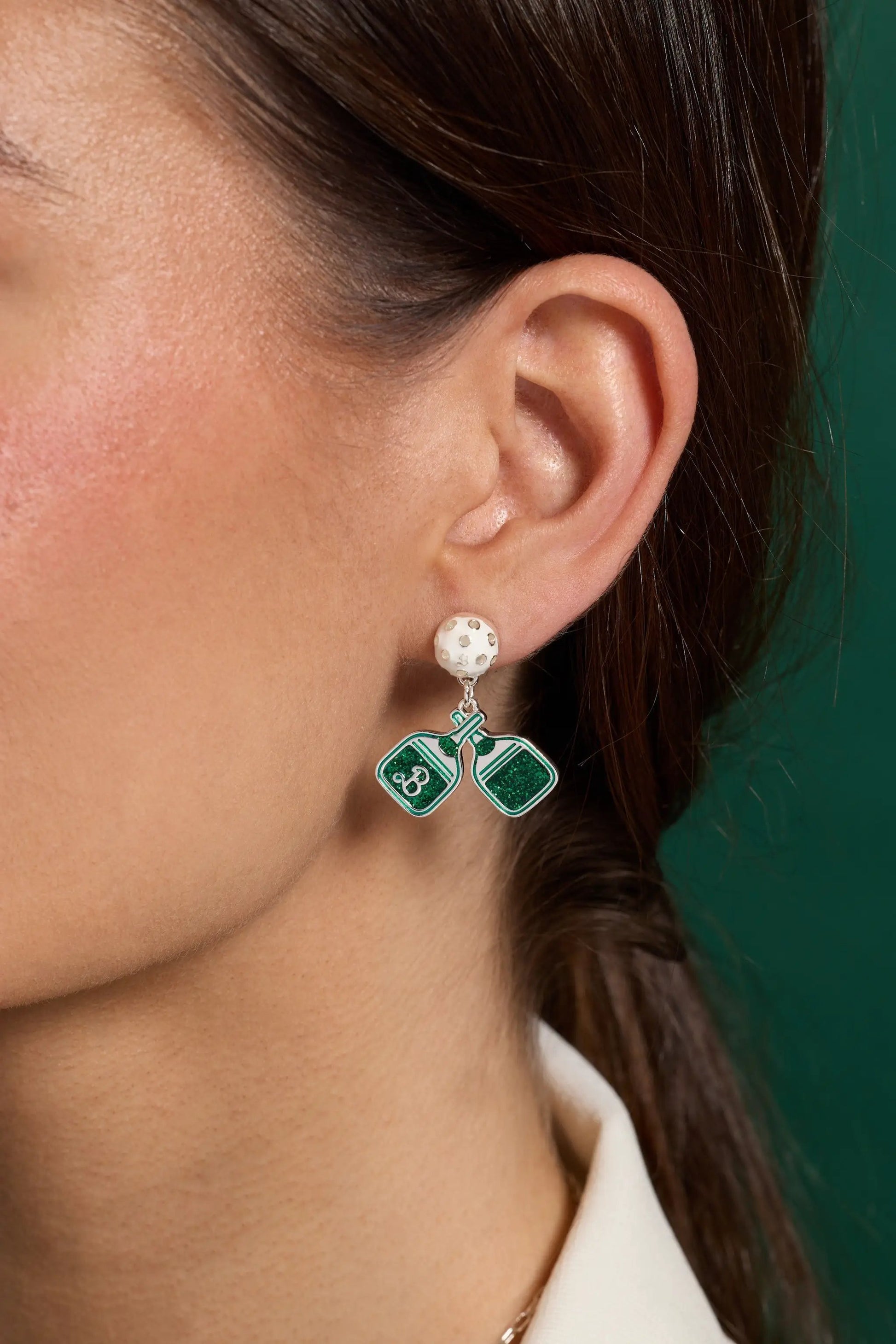 Barbie Pickleball Drop Earrings by ALEX AND ANI with white pearl stud and green tag charms on Tampa Home & Garden Store