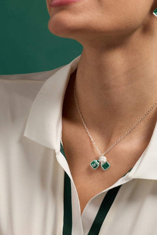 Barbie Pickleball Charm Pendant Necklace with white pickleball and green enamel charms on Tampa Home & Garden Store