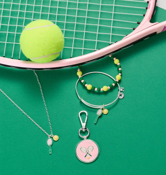 Barbie Tennis Bag Charm by ALEX AND ANI with pink racket charm and beaded bracelets on Tampa Home & Garden Store