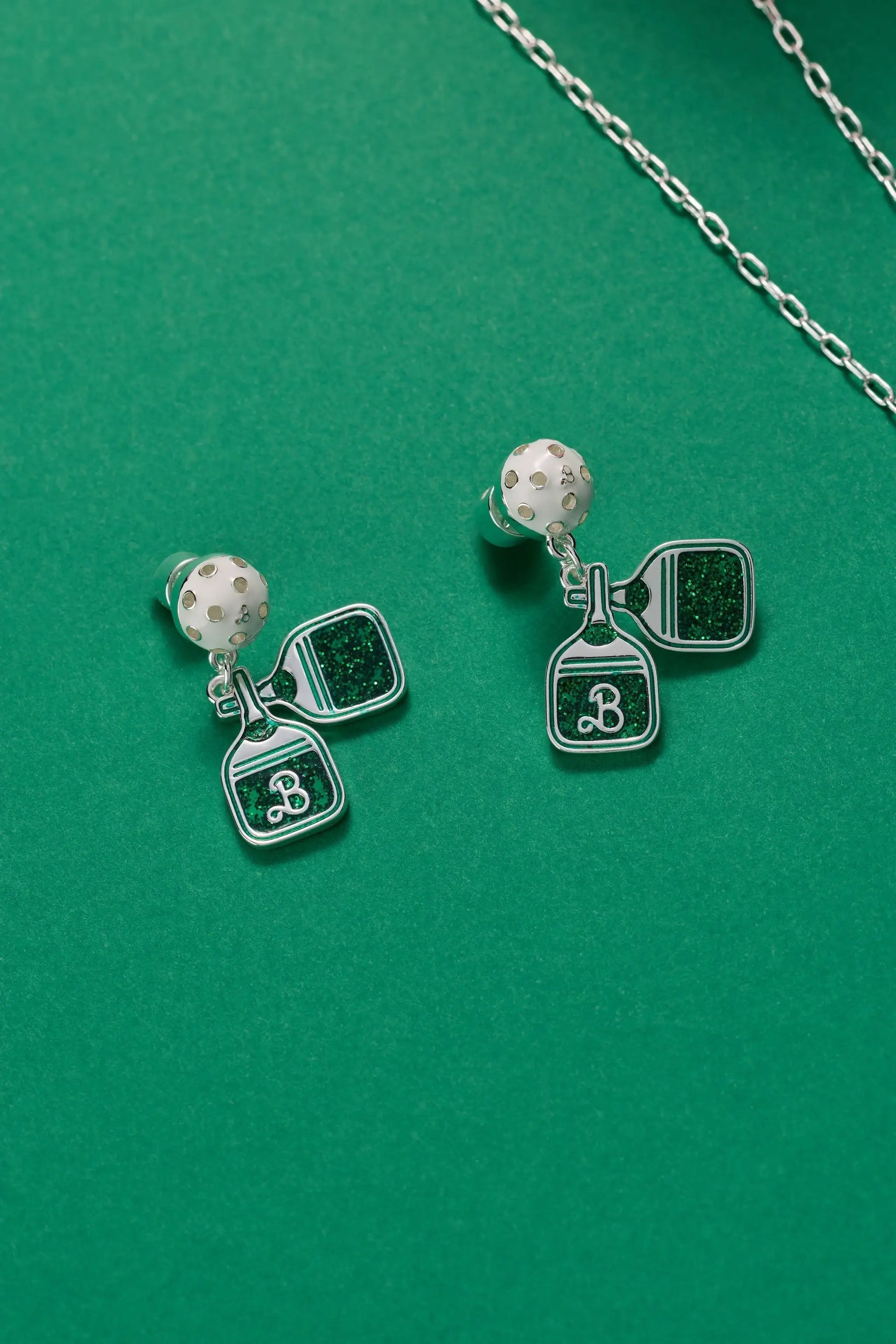 Barbie Pickleball Earrings by ALEX AND ANI with white pickleball studs and glitter pendants on Tampa Home & Garden Store