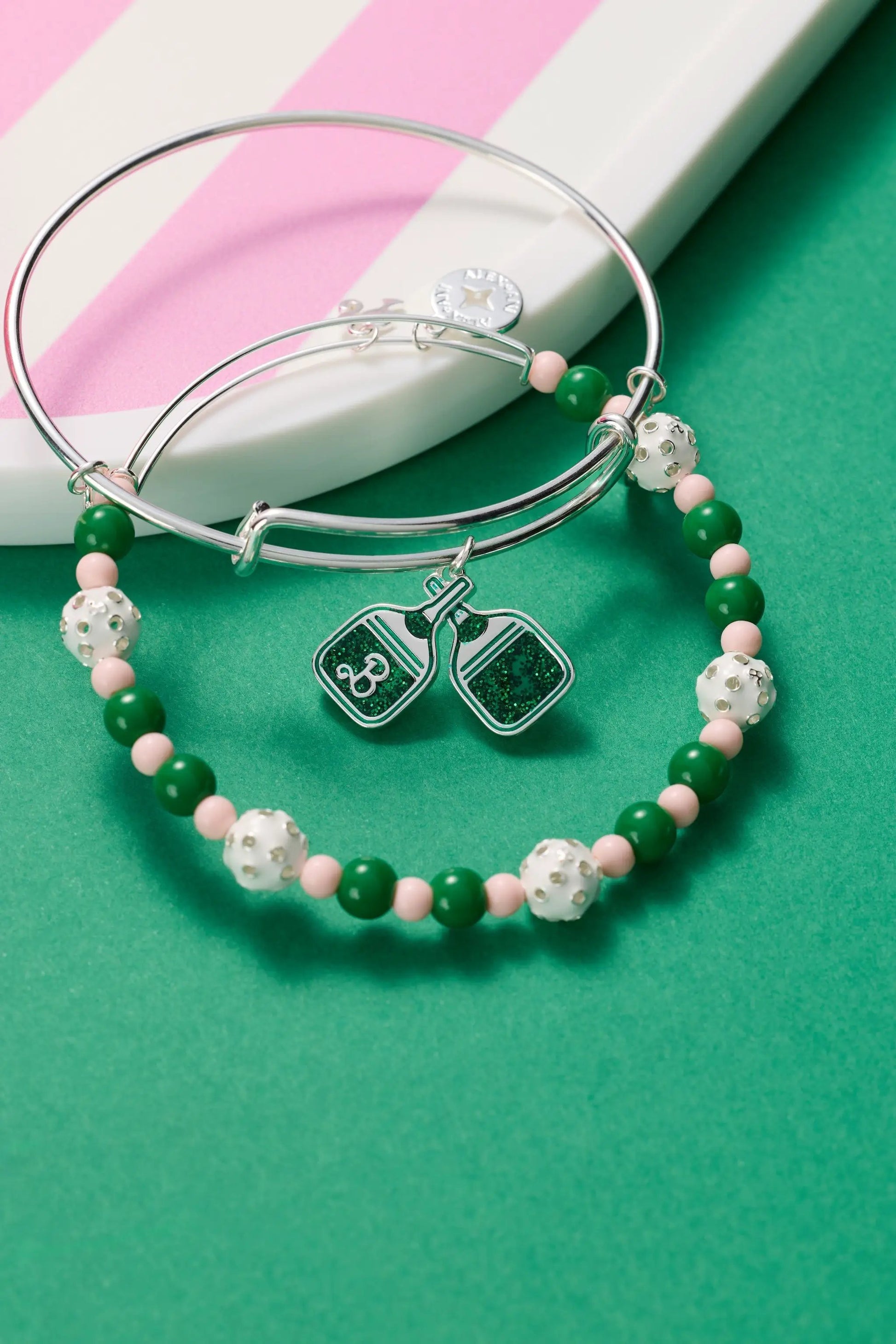 Barbie Pickleball Charm Bangle by ALEX AND ANI with pink and green beads glitter paddles on Tampa Home & Garden Store