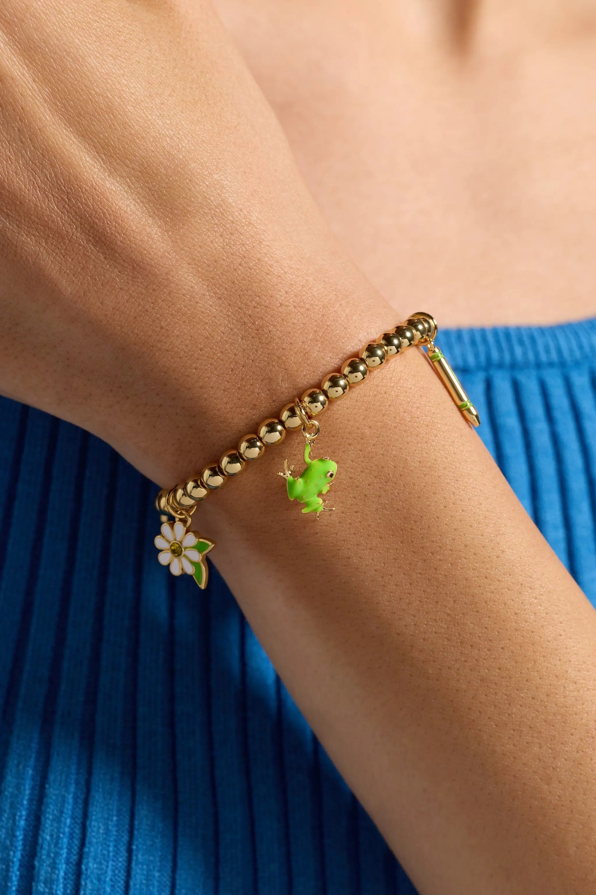 Crayola Forest Green Charm Stretch Bracelet by ALEX AND ANI; gold bead band with frog charm on Tampa Home & Garden Store
