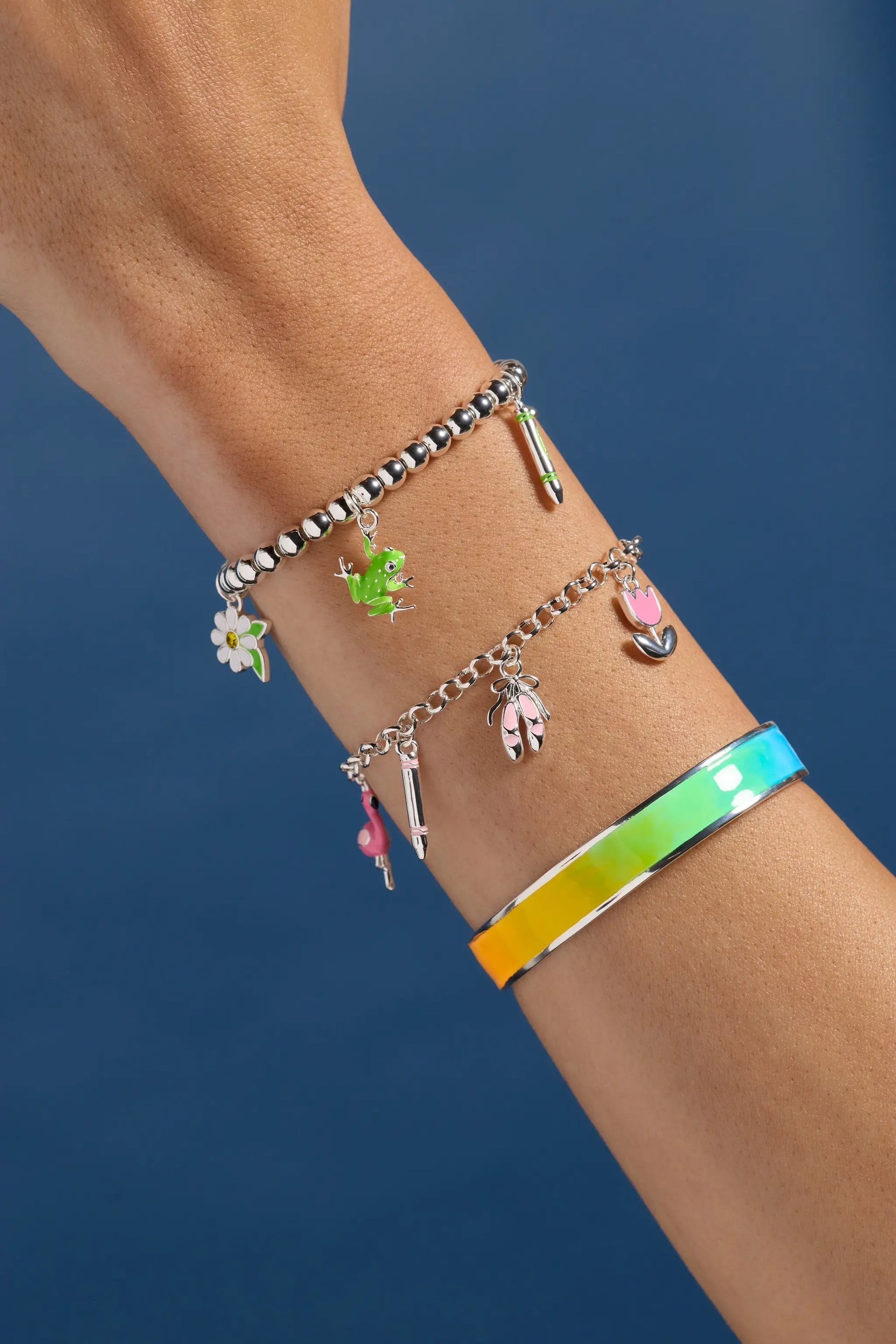 Crayola Rainbow Gradient Cuff by ALEX AND ANI with bead bracelet and frog charm on Tampa Home & Garden Store