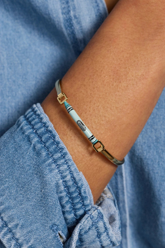 Crayola Robin's Egg Blue Crayon Tension Bangle bracelet by Alex and Ani with gold-tone caps on Tampa Home & Garden Store