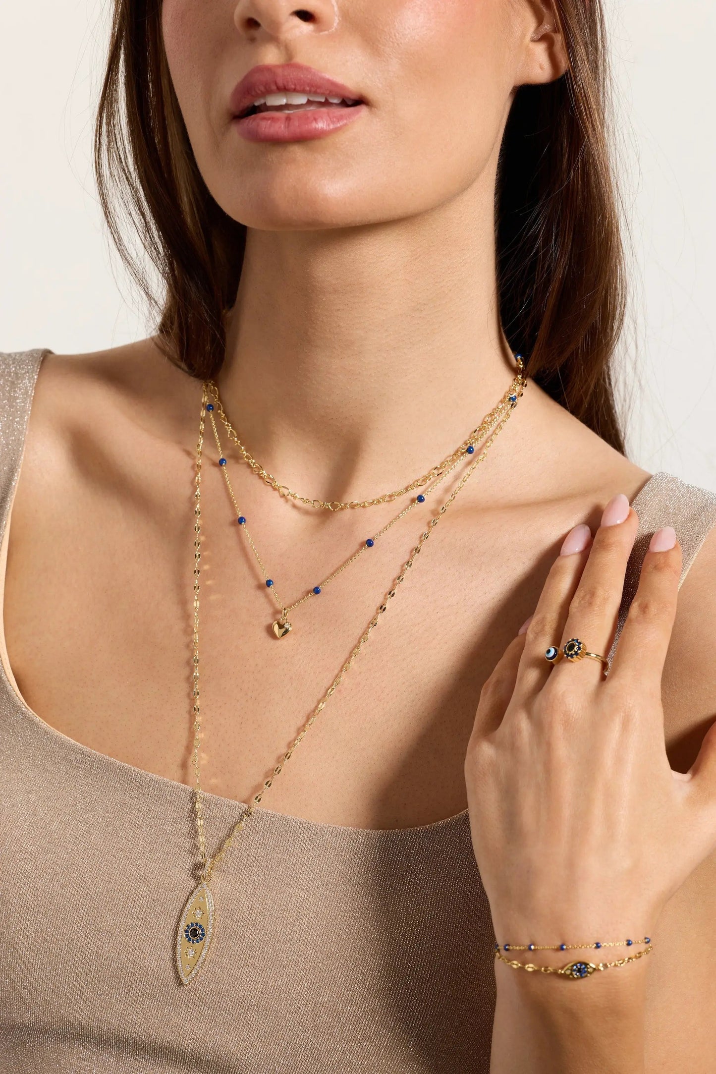 Festival Stranded Evil Eye Necklace Alex and Ani, layered chains with blue beads on Tampa Home & Garden Store