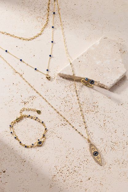 Festival Stranded Evil Eye Necklace by ALEX AND ANI, gold-tone with blue beads and eye charms on Tampa Home & Garden Store
